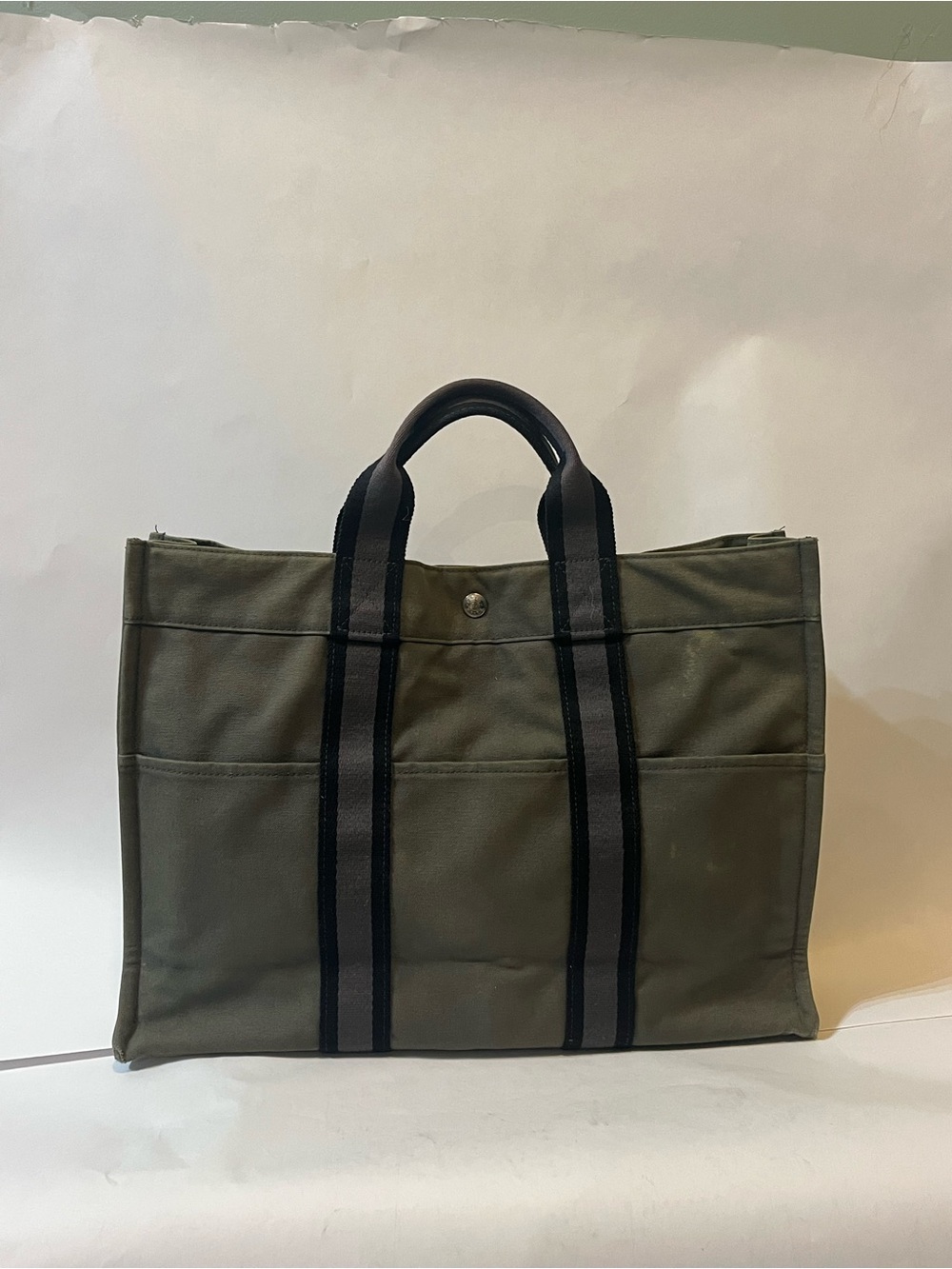 Authentic HERMÈS Fourre Tout MM Canvas Tote | Khaki + Black Stripe | Made in 🇫🇷